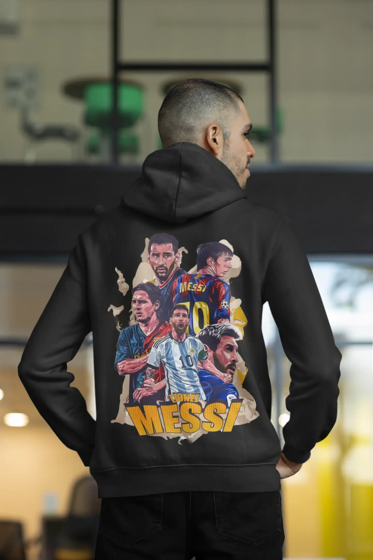 Leo Messi Hoodie showing some iconic images related to the football player